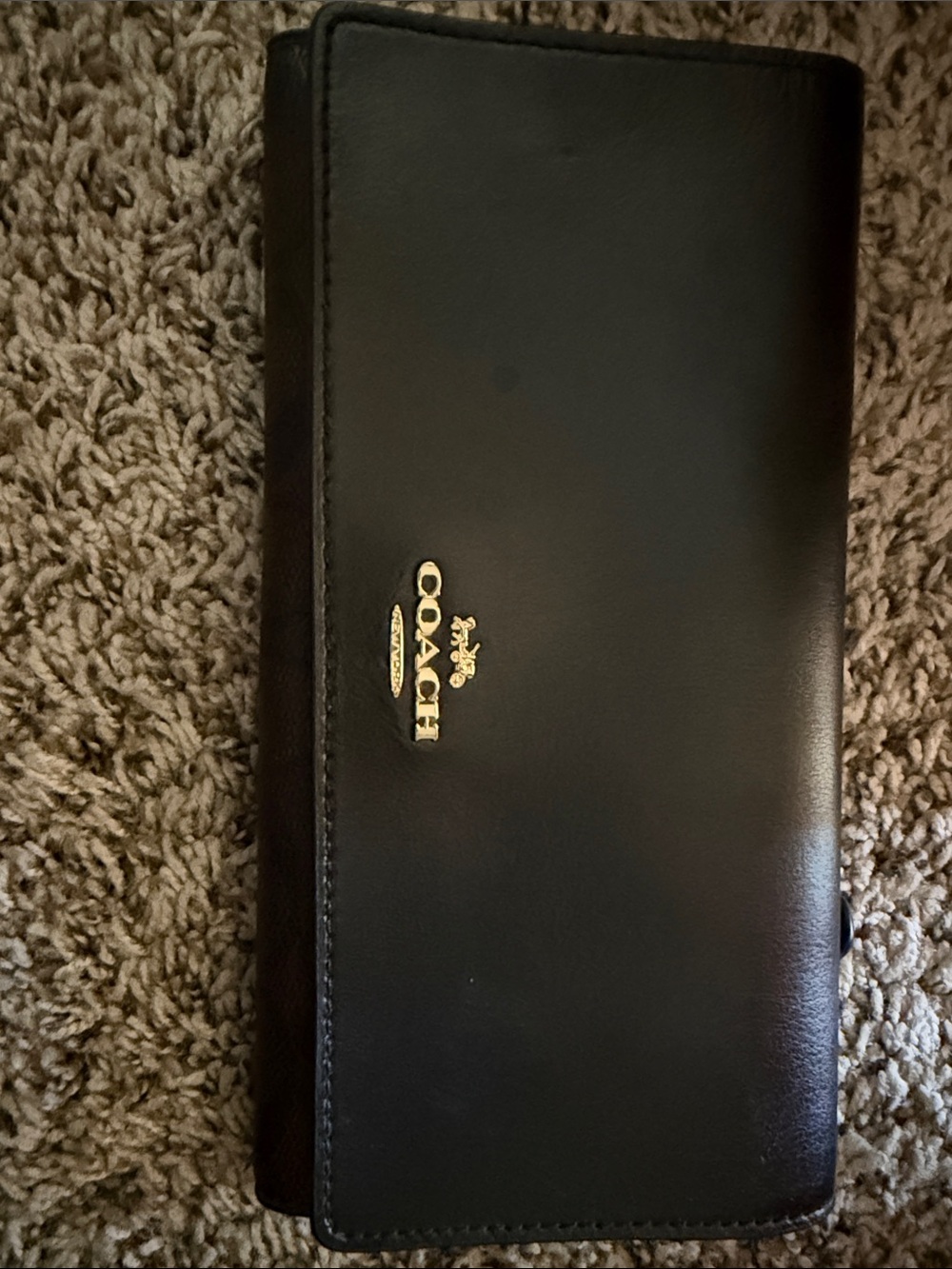 Coach Black Leather Continental Wallet with Gold Tone Logo